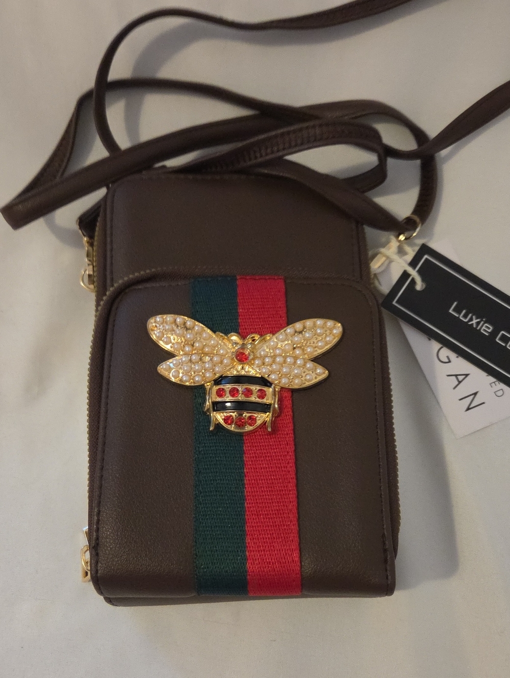 Luxie Brown Crossbody Bag with Green and Red Stripe and Pearl Bee